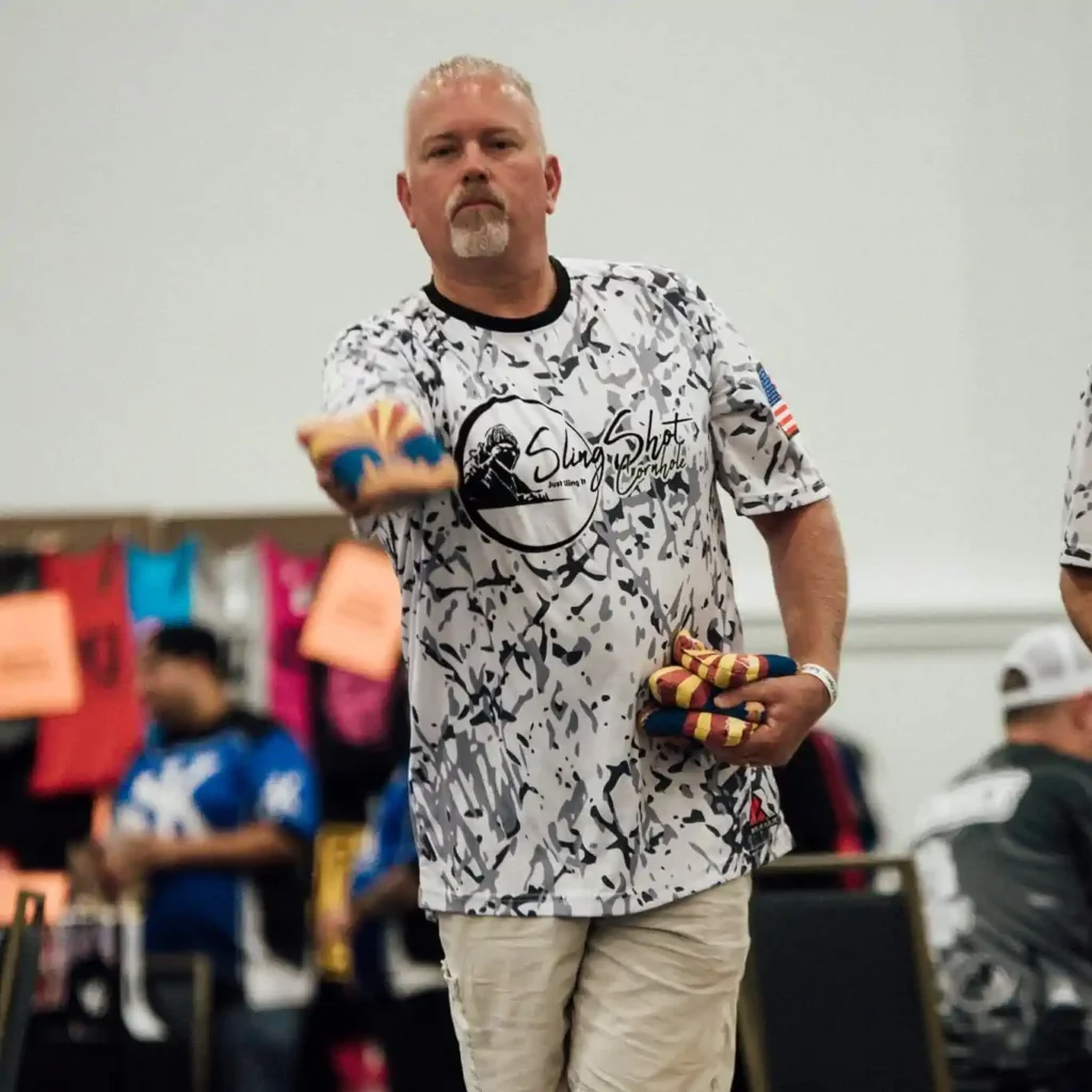 Gene, the co-owner of Slingshot Cornhole throwing bags.